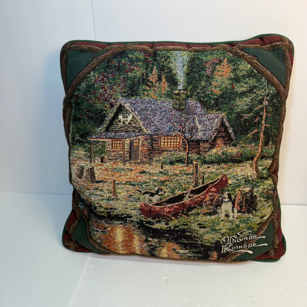 Thomas Kinkade Tapestry Throw Pillow Cabin in Woods Red Canoe Rustic Lodge16x16